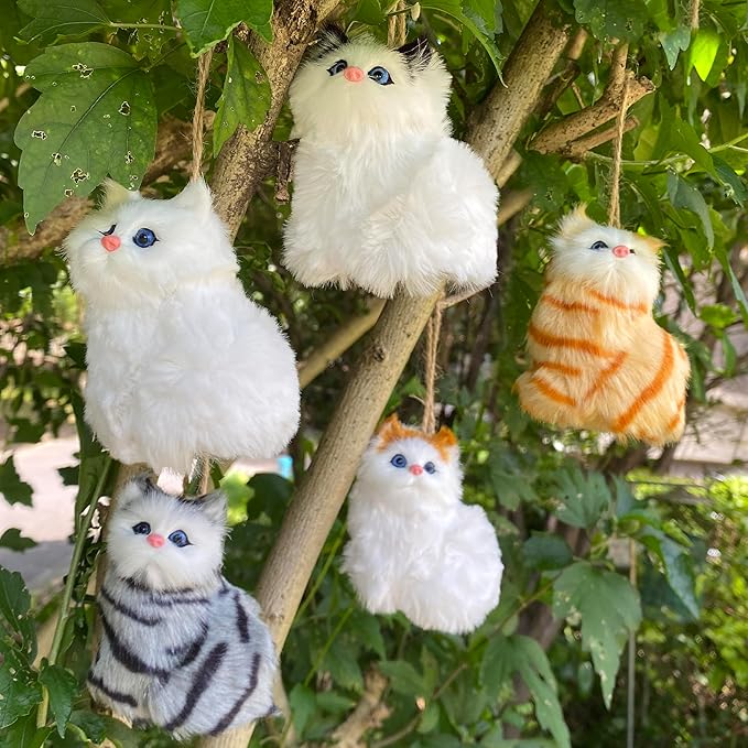 Pack of 5 Realistic Plush Baby Cats Figurines - Mini Christmas Tree Hanging Ornaments. Faux Fur Kittens. Backpack Fluffy Kitty Pendant Keychain Toys