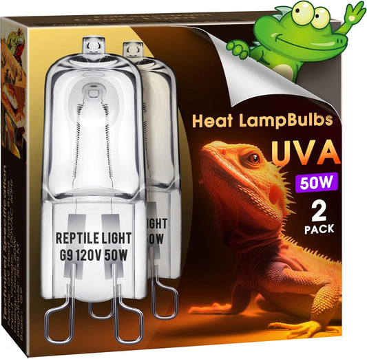 Briignite G9 Heat Lamp Bulbs for Reptile, Mini Reptile Light, Dimmable G9 Mini Heat Bulb Warm White 50W, 2 Pin Base UVA Reptile Heat Lamp, Bearded Dragon Gecko Turtle Lizard, 2 Pack