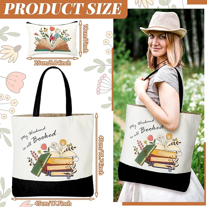 Cunno 2 Pcs Book Tote Bags Purse Set Book Lovers Gifts Canvas Tote Bags Librarian Bookish Birthday Gifts