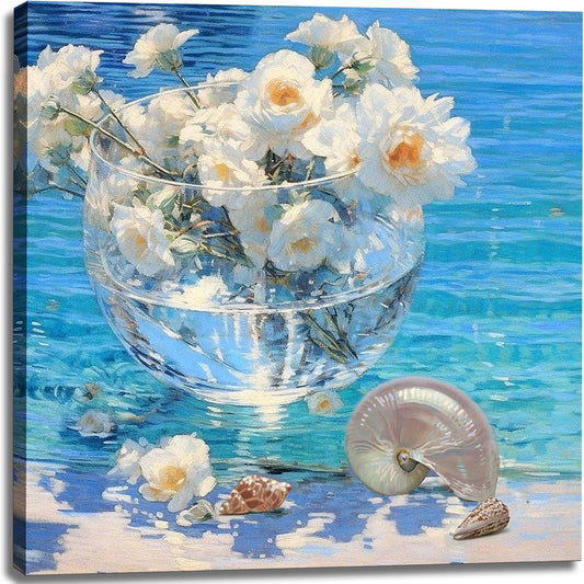 weiyiart Canvas Wall Art Beach White Flower Décor Wall Picture Blue Coastal Canvas Print Ocean Nautical Painting Seascape Vintage Artwork for Seaside Living Room Bedroom Bathroom Decor 14x14 inch
