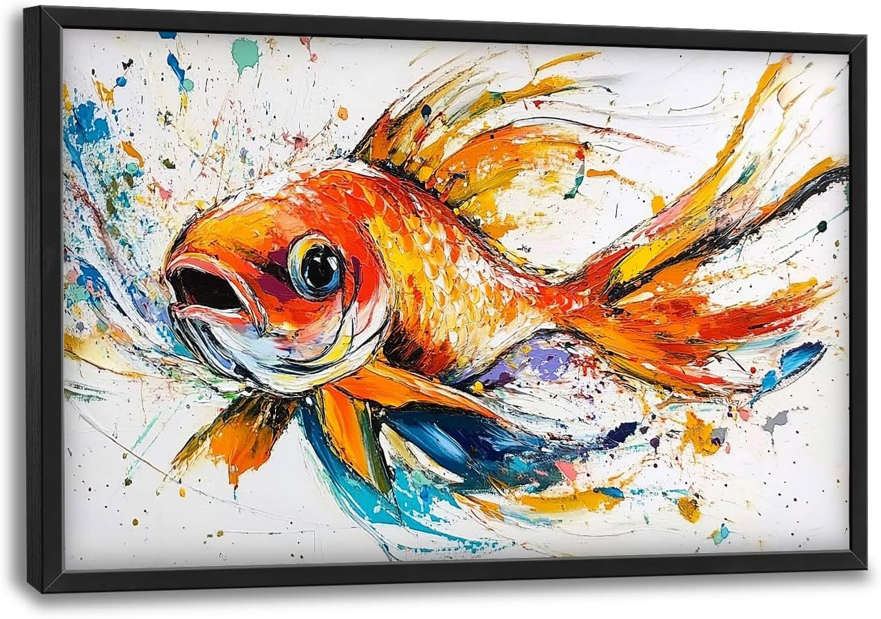 Framed Large Fish Wall Art for Living Room, Oversized Graffiti Goldfish Wall Decor Watercolor Fishing Canvas Painting Modern Artwork Home Decoration for Living Room Bedroom Office 36"x24"