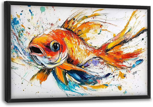 Framed Large Fish Wall Art for Living Room, Oversized Graffiti Goldfish Wall Decor Watercolor Fishing Canvas Painting Modern Artwork Home Decoration for Living Room Bedroom Office 36"x24"