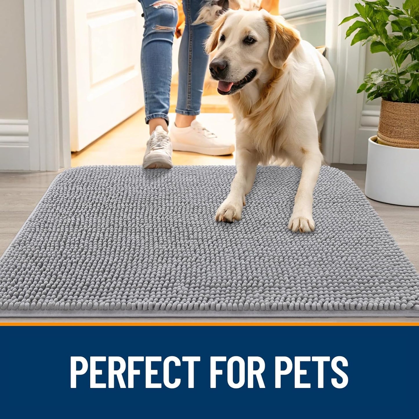 OLANLY Dog Door Mat for Muddy Paws 44x24, Absorbs Moisture and Dirt, Absorbent Non-Slip Washable Doormat, Quick Dry Chenille Mud Mat for Dogs, Entry Indoor Entryway Carpet for Inside Floor, Light Grey