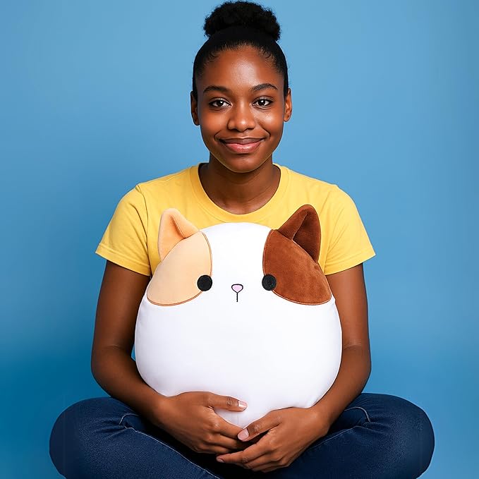 Original 12.5-inch Large Calico Cat Plush Pillow Stuffed Animal Toy,Big Size Cute Soft Fat Hugging Cuddle Huggable Plushie,Gift for Kids