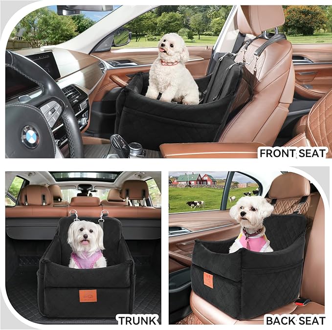 Dog Car Seat for Small/Medium Dogs, Dog Booster Car Seats with Thick Cushion for Dogs Under 35lbs, Detachable Washable Pet Car Seat with Storage Pockets, 2 Safety Belts(Black)
