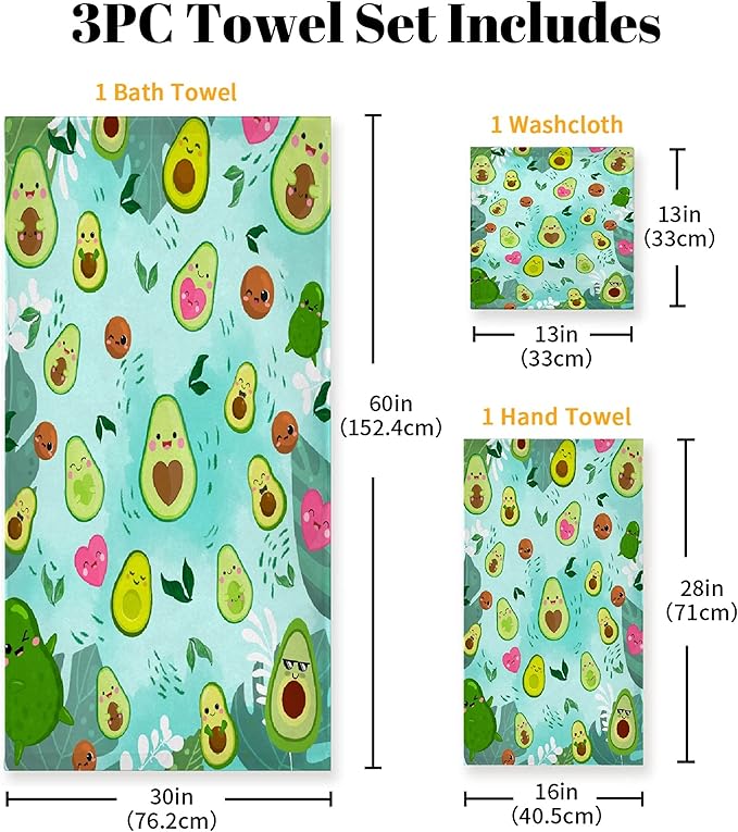 Cute Avocados 3 Piece Towel Bathroom Sets, 1 Bath Towel, 1 Washcloth, 1 Hand Towel, Cotton Fast Dry Soft Absorbent Towel Set for Home Kitchen Family