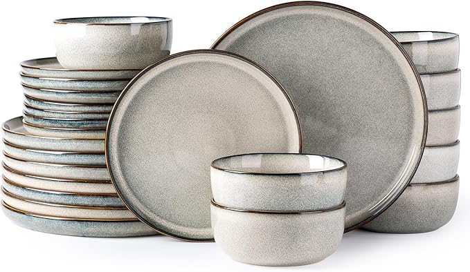 GBHOME Ceramic Dinnerware Sets for 8, 24 Pieces Stoneware Plates and Bowls Sets, Scratch Resistant Dishes, Dishwasher & Microwave Safe, Reactive Glaze-Green Wheat