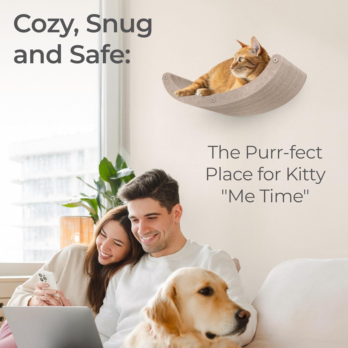 Wall Mounted Cat Hammock Bed by Pryde Pets - Floating Perch Curved Shelf, 100% Sustainable PET Felt Feline Enrichment Climber Furniture for Indoor Cats, Modern Climbing Gym Jungle Design (Oatmeal)