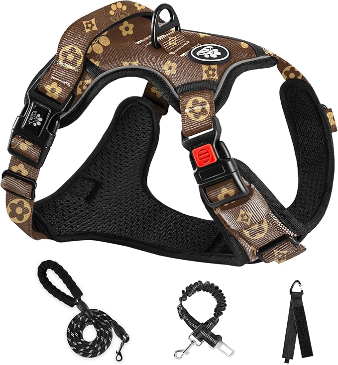 NESTROAD No Pull Dog Harness,Adjustable Oxford Dog Vest Harness with Leash,Reflective No-Choke Pet Harness with Easy Control Soft Handle for Small Dogs(Small,Dark Brown)