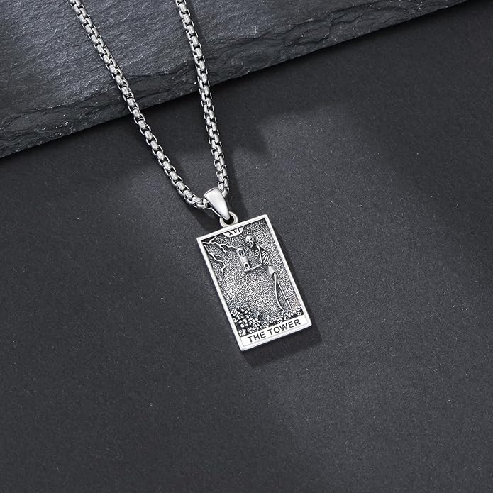 PELOVNY Tarot Card Necklace 925 Sterling Silver Skeleton Necklace The Sun Moon Star Strength Lovers Death Devil Fool Tarot Jewelry Christmas Birthday Gifts for Men Women Unisex