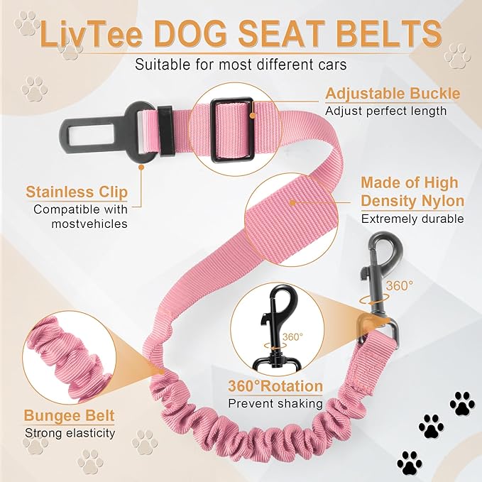 LivTee Dog Seat Belt for Car, Retractable Pet Safety Harness, Adjustable Nylon Dog Seatbelt Leash, Comfortable Dog Accessories for Vehicles (Light Pink-2PCS)