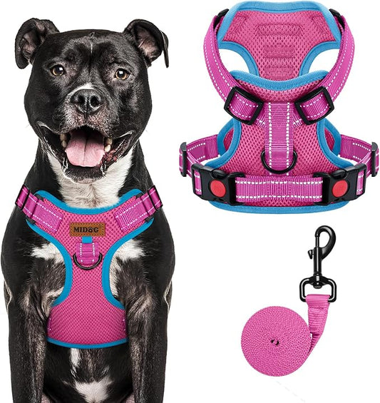 MIDOG No-Pull Dog Harness | Adjustable & Reflective Pet Harness Leash Set for Small Medium Large Dogs Walking, Training| No Choke, Front Clip, Soft Padded Vest with Easy Control Handle - Pink, L