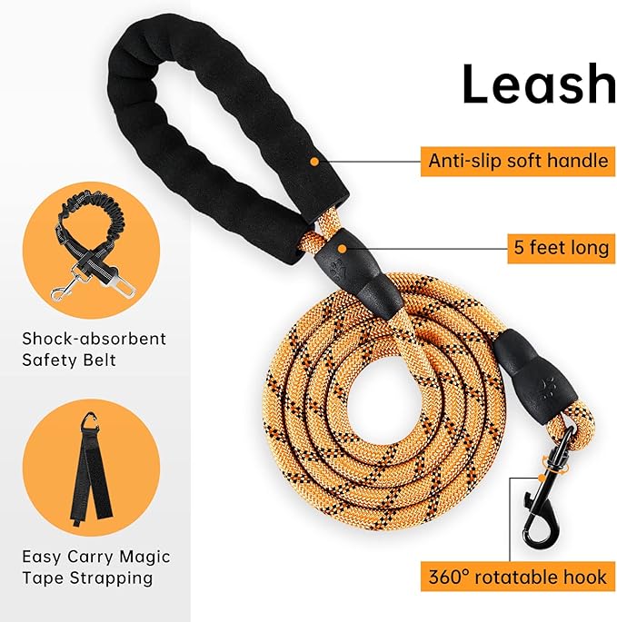 IVY&LANE No Pull Dog Harness for Medium Dogs, Dog Vest Harness with Leash, Safety Belt and Storage Strap, Fully Adjustable Harness, 360° Reflective Strip, Soft Handle (Orange, M)