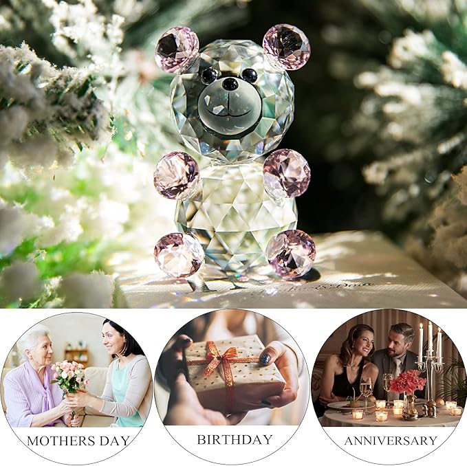 H&D Pink 3D Little Bear Crystal Figurine Paperweights Glass Xmas Decor