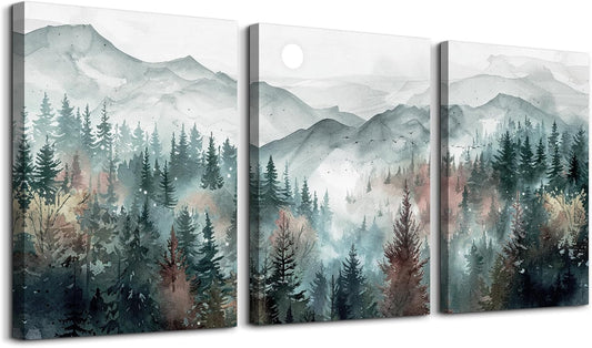 TTHYUEWS Farmhouse Wall Art For Bedroom Wall Decor For Living Room Wall Pictures for Office Fog Forest Mountain Landscape Watercolour Painting Artwork Modern Home Decorations Ready To Hang 3 Piece