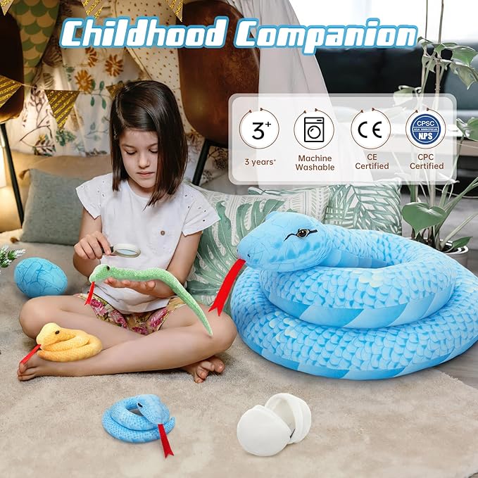 MorisMos 6 PCS Giant Snake Stuffed Animals Mommy with 3 Babies & 2 Eggs,55" Mama Stuffed Snake Toy for Kid Girl Boy,Realistic Blue Anaconda Toy,Colorful Baby Python Toys for Jungle-Themed Party Decor