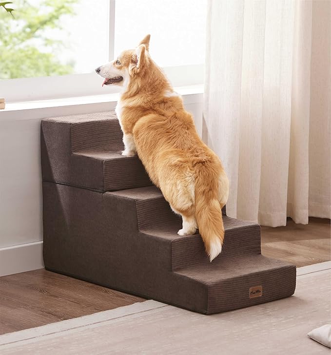 Made4Pets Dog Stairs for High Bed, Extra Wide Pet Stairs for Bed Couch Sofa, 35D Foam Pet Steps for Small Dogs and Cats, Non-Slip Bottom Dog Steps, Brown, 5 Steps