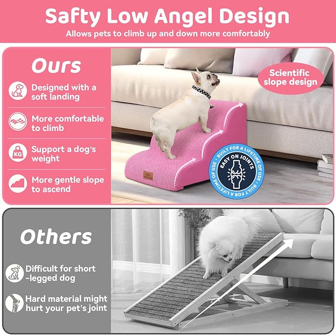 Dog Ramp and Stair for Bed 16" H-20 H,3-Step Cat Stair for Sofa and Chair,4-Step Dog Ramp for High Bed and Window,Durable Nonslip Fabric Cover for Indoor (Pink-16 H, Pet Friendly, 3)