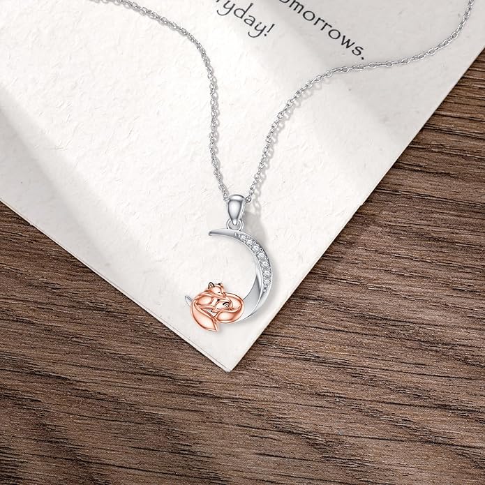 Diamond Black Cat/Red Panda/Sloth/Deer/Unicorn Necklace for Women 925 Sterling Silver Sleeping Animal and Moon Pendant with Lab Grown Diamonds Jewelry Gifts