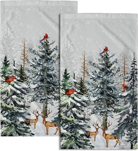 Giwawa Pine Tree Hand Towels Set of 2 Forest Deer Kitchen Bathroom Towels Soft Absorbent Fingertip Tea Bar Dish Towel for Hotel Spa Gym Decor