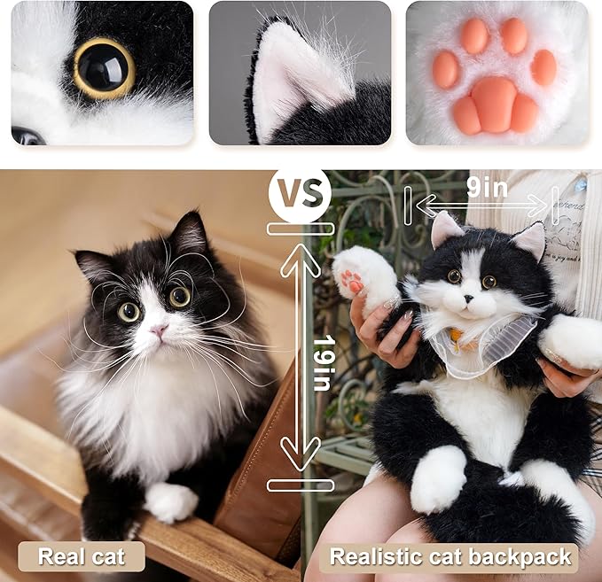 Chongker Stuffed Animals Backpack - Cute Cat plush Backpack Toy, Handcrafted Realistic Cat Shaped Backpack, Heartwarming Surprise Idea, Companionship Stuffed Cat, Large Black Cat