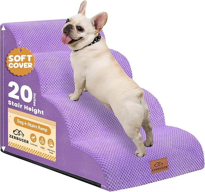 Dog Ramp and Stair for Bed 16" H-20 H,3-Step Cat Stair for Sofa and Chair,4-Step Dog Ramp for High Bed and Window,Durable Nonslip Fabric Cover for Indoor (Purple-20 H, Pet Friendly, 4)