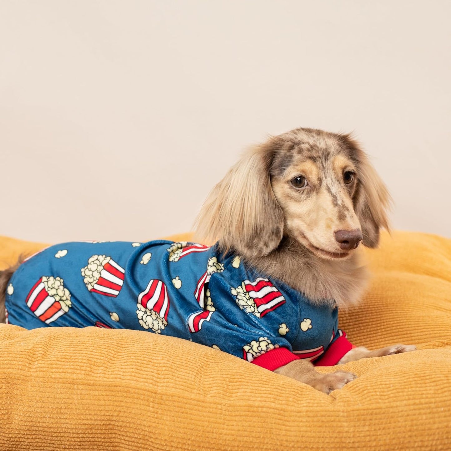 Fitwarm Popcorn Dog Pajamas, Funny Dog Clothes for Small Dogs Boy Girl, Fleece Pet Onesie with Feet, Blue, Red, White, Yellow, Medium