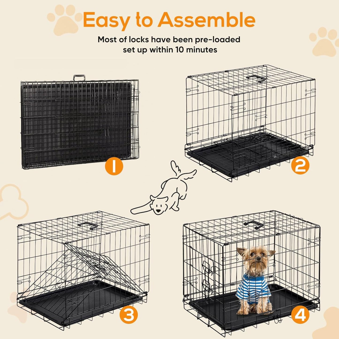 Dog Crate, 30 Inch Medium Wire Kennel with Divider Panel, Metal Cages with Double Door, Leak-Proof Pan Tray, Folding Portable for Indoor Outdoor Travel