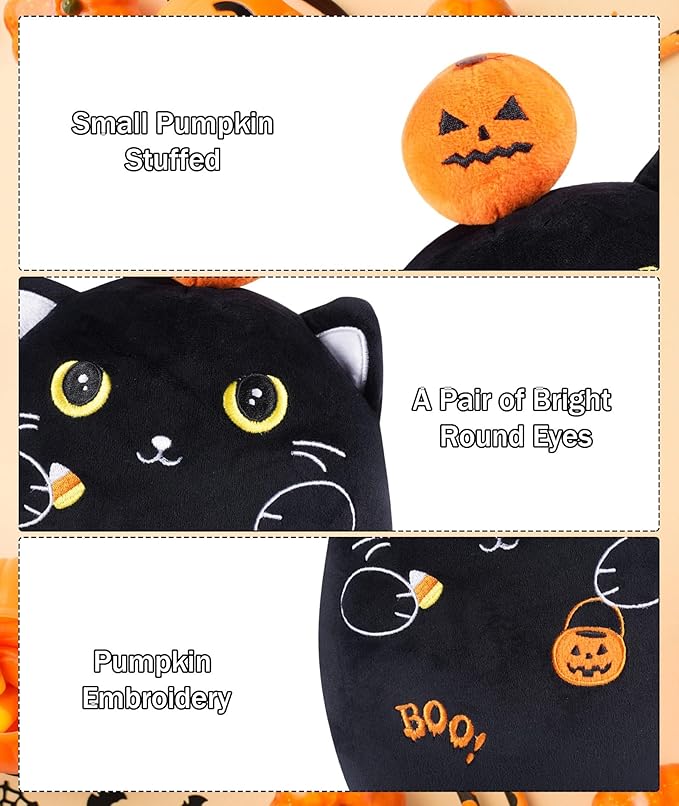 Christmas Eve Stuffed Cat Pumpkin Black Cat Plush Toy with Pumpkin, Cute Halloween Decor, Kids' Pillow, Gifts for Girls Boys, 10 Inch