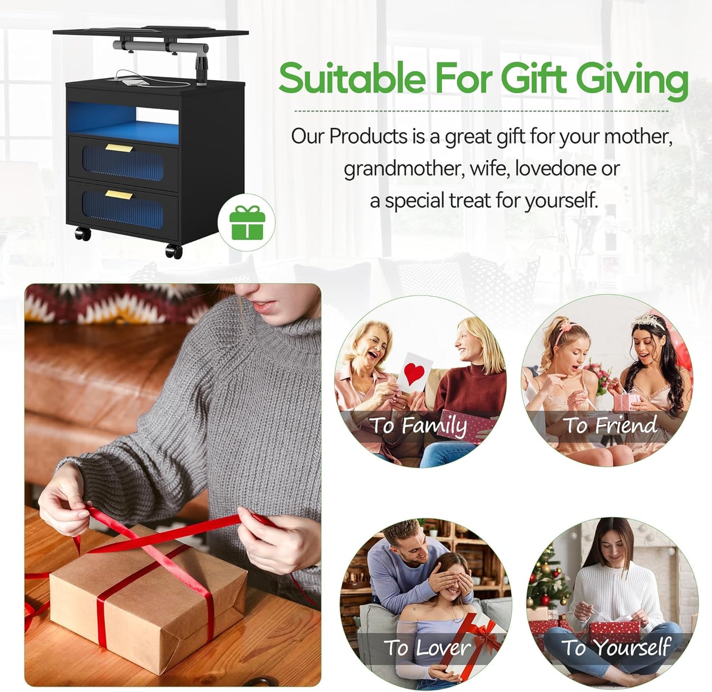 HNEBC Nightstand with Wireless Charging Station, LED Nightstand Has Adjustable Rotary Workstation,Smart Night Stand with 2 Drawers,Modern Bedside Table for Bedroom, Sensor Light/Wheel (Black)