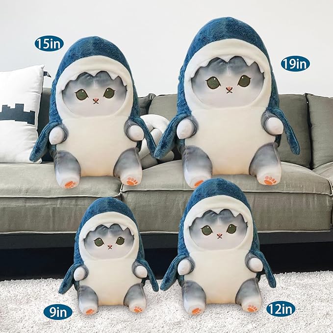 Kawaii Shark Cat Plush Toy Stuffed Animal Doll, Cute Soft Pillow Stress Release Hugs Toys Christmas Halloween Birthday Gifts for Kids Boys Girl Best Gift (Blue - Grey,9 inch)