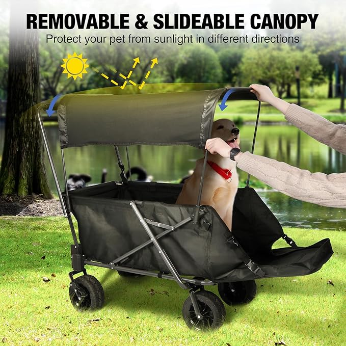 REDCAMP Folding Dog Wagon Cart with Removable Canopy Heavy Duty, 220L Large Collapsible Utility Cart Dog Stroller with Tailgate for Sports Shopping Pet, Black