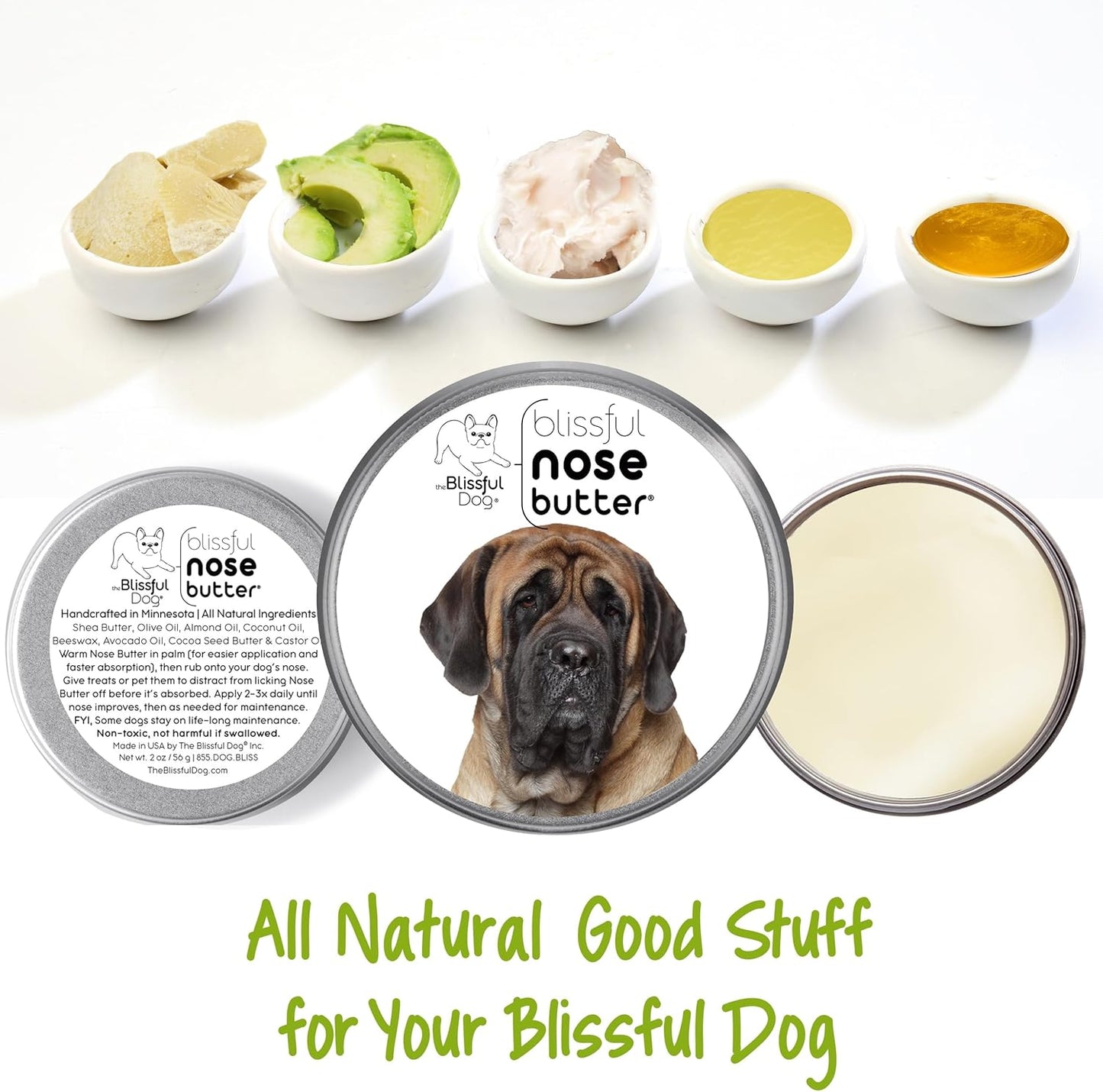 The Blissful Dog Mastiff Nose Butter for Dry, Cracked Skin, Lick-Safe Dog Nose Balm with Moisturizing Shea Butter, Almond, Olive, and Essential Oils, Pet Supplies, Uncented, 1 oz.