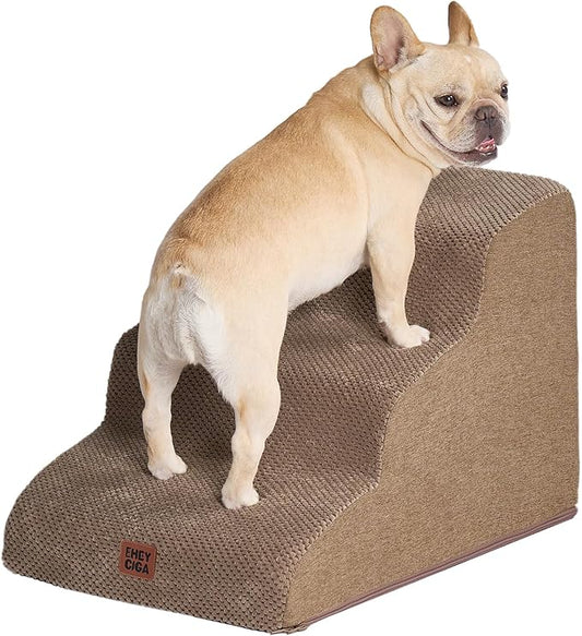 EHEYCIGA Curved Dog Stairs Ramp for Small Dogs 15.7" H, 3-Step Dog Steps for Couch Sofa and Chair, Pet Stairs for Cats, Non-Slip Balanced Pet Steps Indoor, Camel
