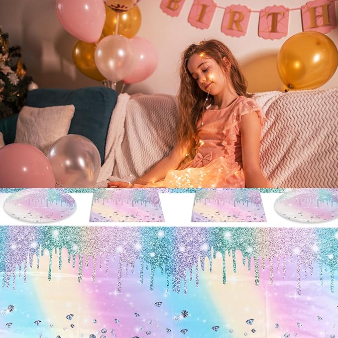 Iridescent Diamond Birthday Party Supplies Decorations, Disposable Holographic Paper Tableware Includes 20 Plates 20 Napkins and 1 Tablecloth for Girls Kids Birthday Theme Party, Serve 20