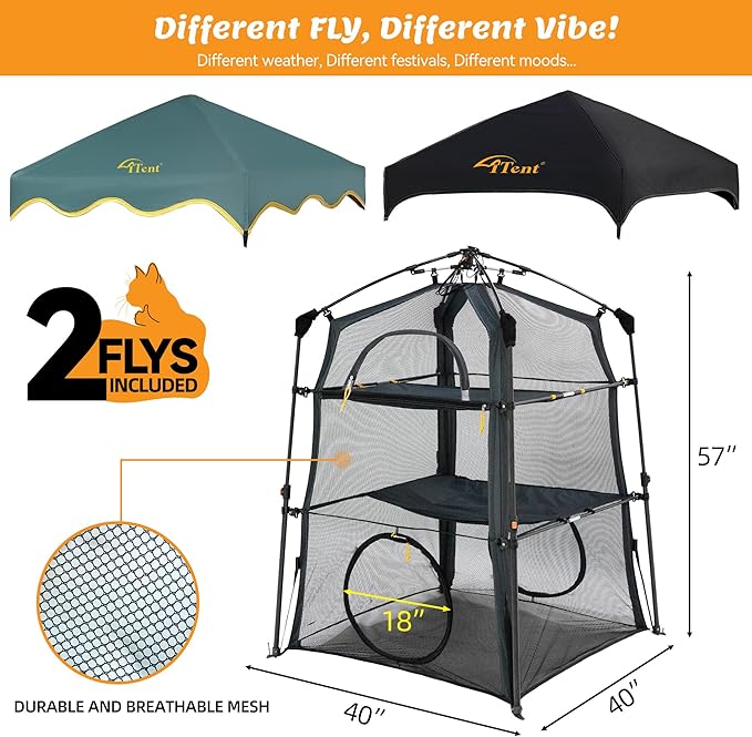 Extra Large Catio Outdoor Cat Enclosure,3 Tier Cat Tower Tent Weatherproof & Sunproof with 3 Doors, Foladable and Portable for Patio, Deck,Camping, Indoor & Outdoor(Patented)-Wave Shade