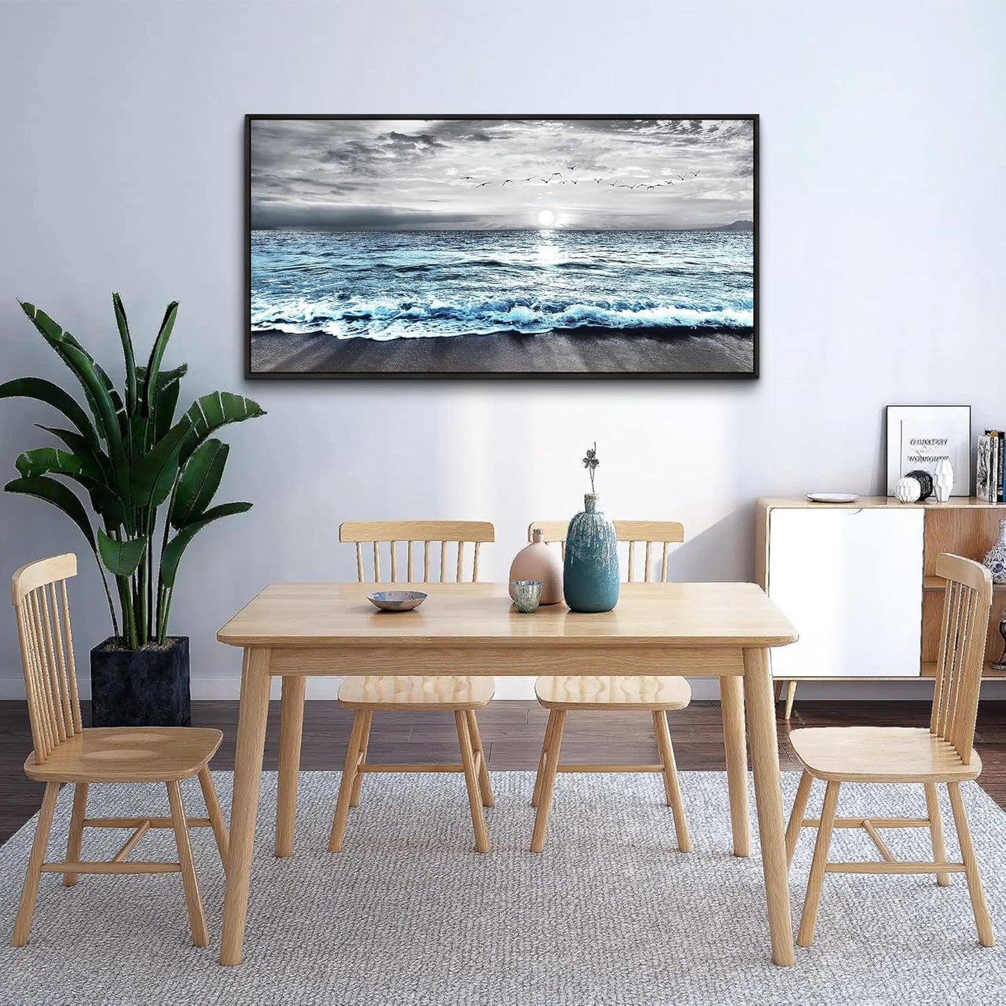 Wapluam Large Black Framed Wall Art For Living Room Wall Decorations For Bedroom Office Wall Decor Black And White Wall Painting Blue Sea Wave Pictures Artwork For Modern Beach Canvas Prints Poster
