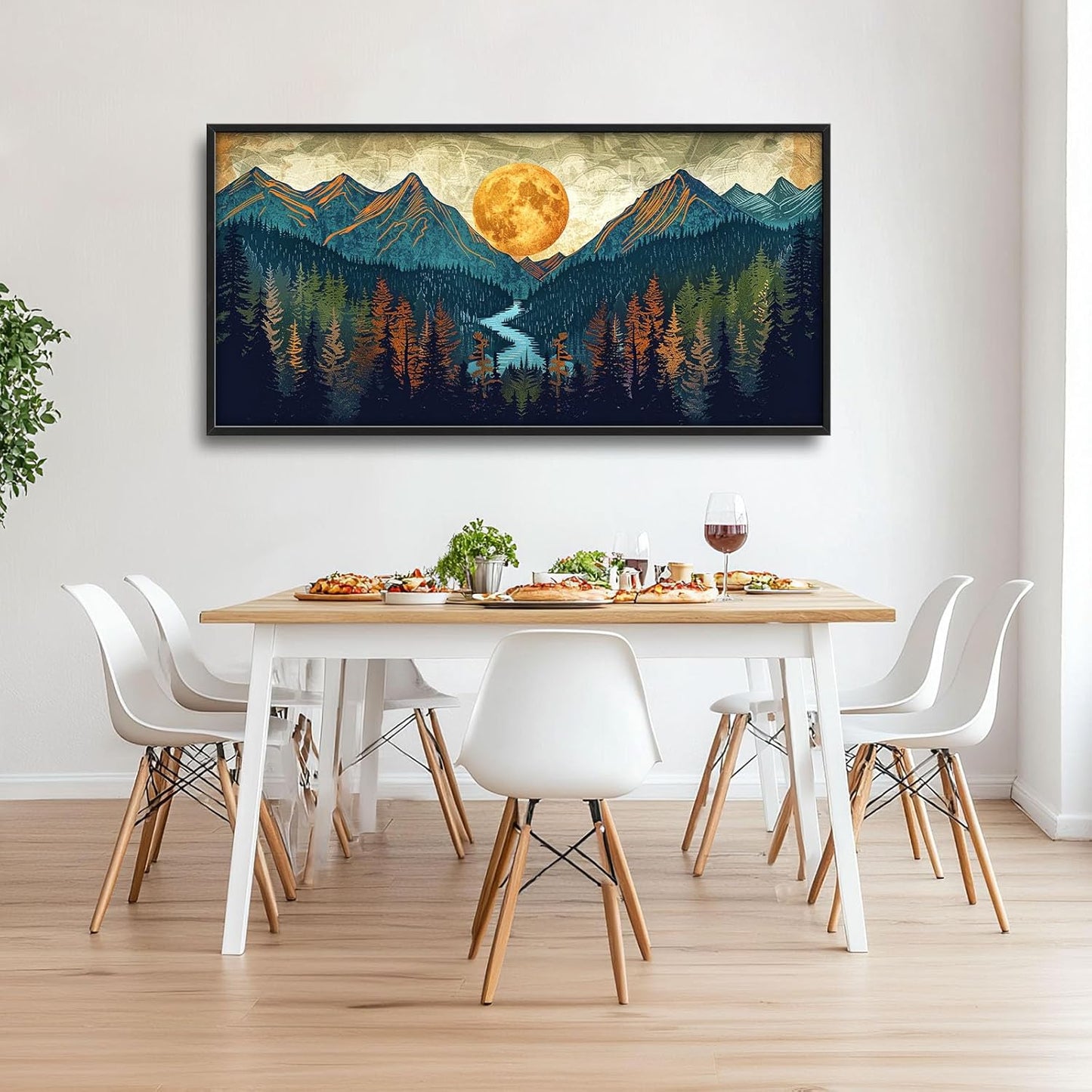 Quorin Boho Mountain Large Wall Art Mountain Landscape Pictures Moon Pine Tree Forest Lake Wall Decor Nature Canvas Print Painting Artwork for Bathroom Living Room Bedroom 60L x 30W