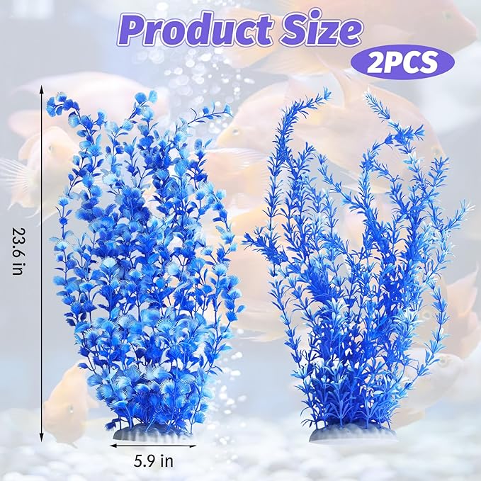 Hamiledyi Aquarium Plastic Plants Aquarium Decor Artificial Fish Tank Plants,Tall Fish Tank Decorations, Extra Large Aquarium Plant 23.6-inch Tall,2PCS（Blue）