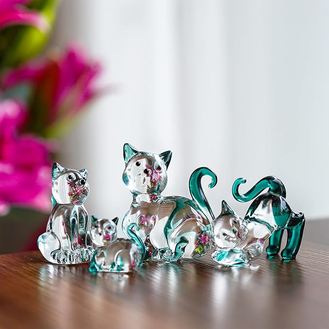 HDCRYSTALGIFTS Blown Glass Cat Figurines Collectibles Pack of 4 Emerald Green Crystal Kitty Animal Statue Kitten Sculpture for Home Decor Gift for Mom