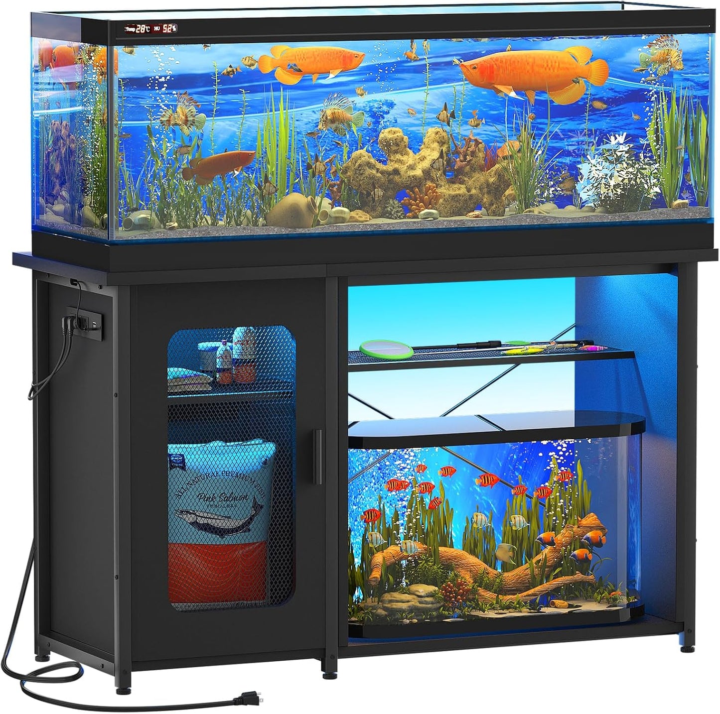 55-75 Gallon Fish Tank Stand with Power Outlets & LED Light, Reversible Heavy Duty Metal Aquarium Stand with Cabinet for Fish Tank Accessories Storage, Turtle/Reptile Terrariums, Black