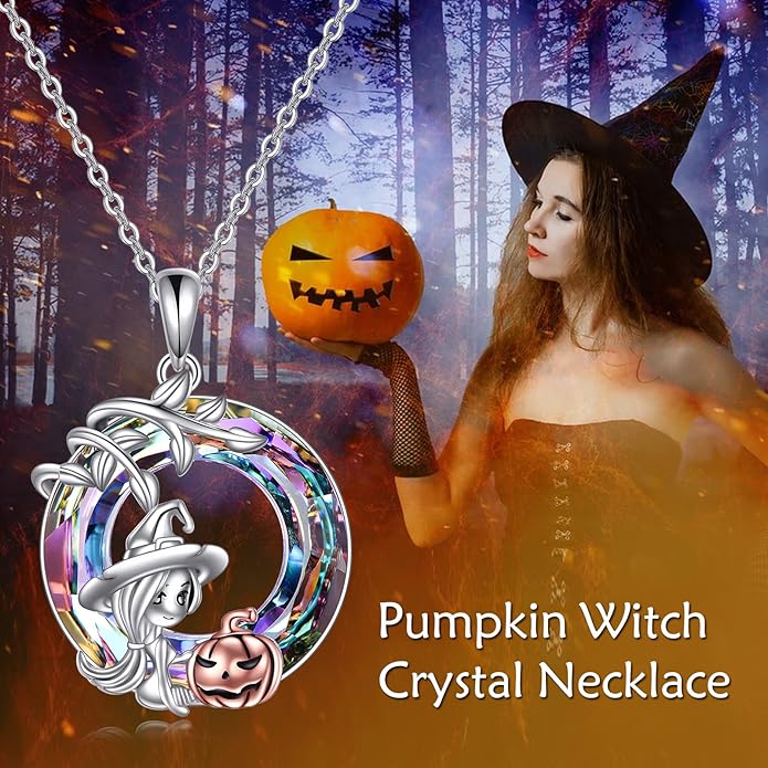 AOBOCO Cat Necklace Sterling Silver Bat Black Cat Quartz Cat Necklace Ghost Pumpkin Pentagram Witch Pendant Necklace Halloween Gifts for Women