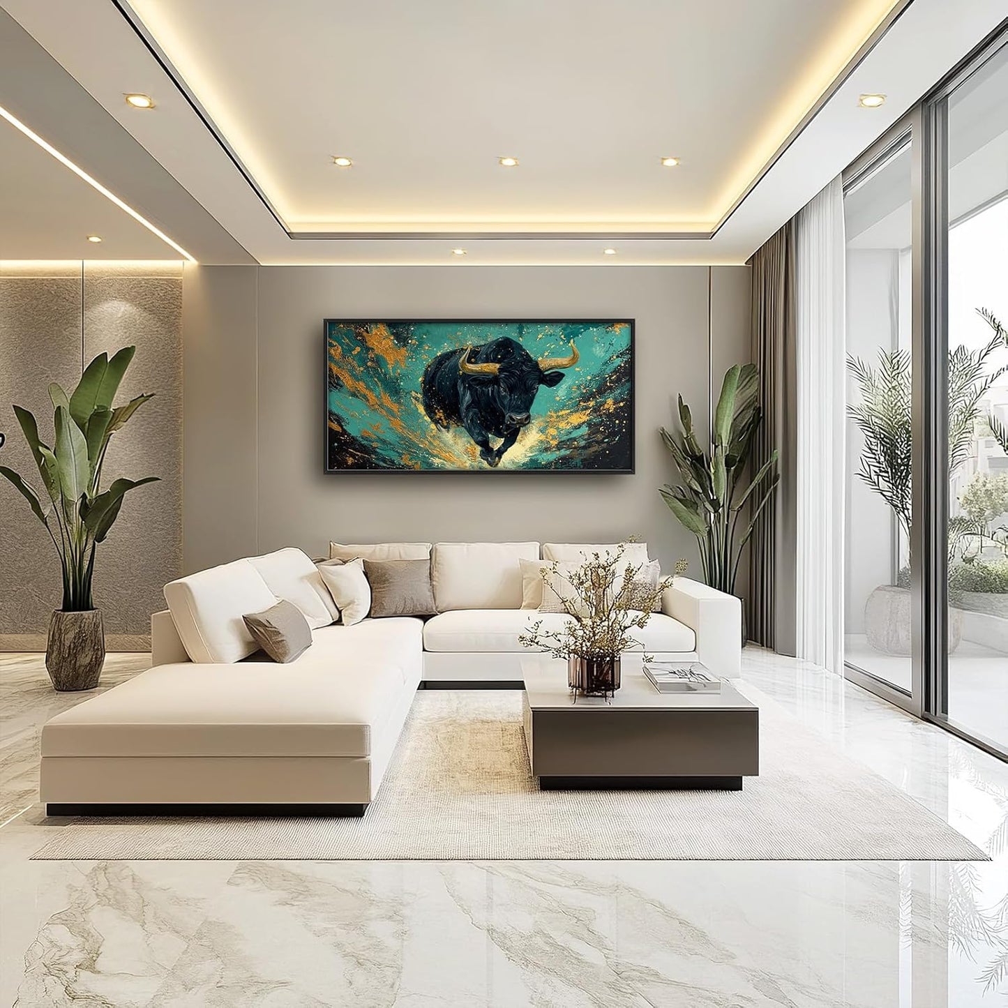 Large Bison Buffalo Wall Art for Living Room, Framed Oversized Bull Wall Decor, Abstract Teal and Golden Canvas Painting Modern Artwork for Living Room Bedroom Office Dining Room 60"x30"