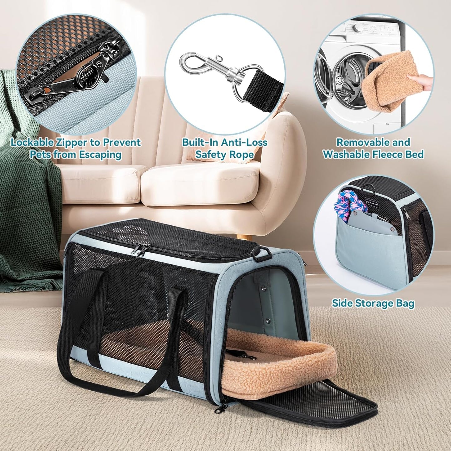 Petsfit Pet Carrier for Large and Medium Cats, Large Capacity Lightweight Soft-Sided Pet Carrier for Travel, with Adjustable Shoulder Strap, Locking Zipper Head and Washable Fleece Pad,Green