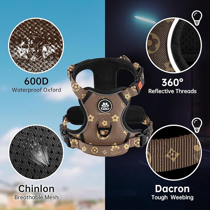 NESTROAD No Pull Dog Harness,Adjustable Oxford Dog Vest Harness with Leash,Reflective No-Choke Pet Harness with Easy Control Soft Handle for Small Dogs(Small,Dark Brown)