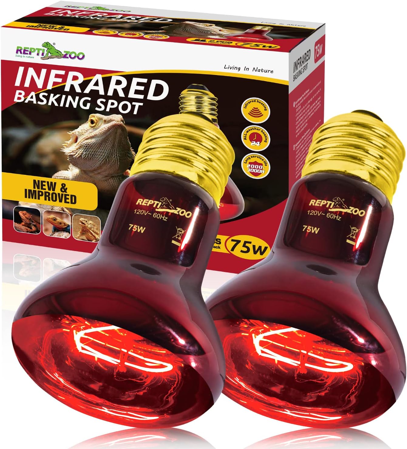 REPTI ZOO 75W Reptile Heat Lamp Bulb 2PCS Infrared Heat Emitter Red Heat Lamp for Reptile Amphibian, Infrared Basking Spot Light Bulb