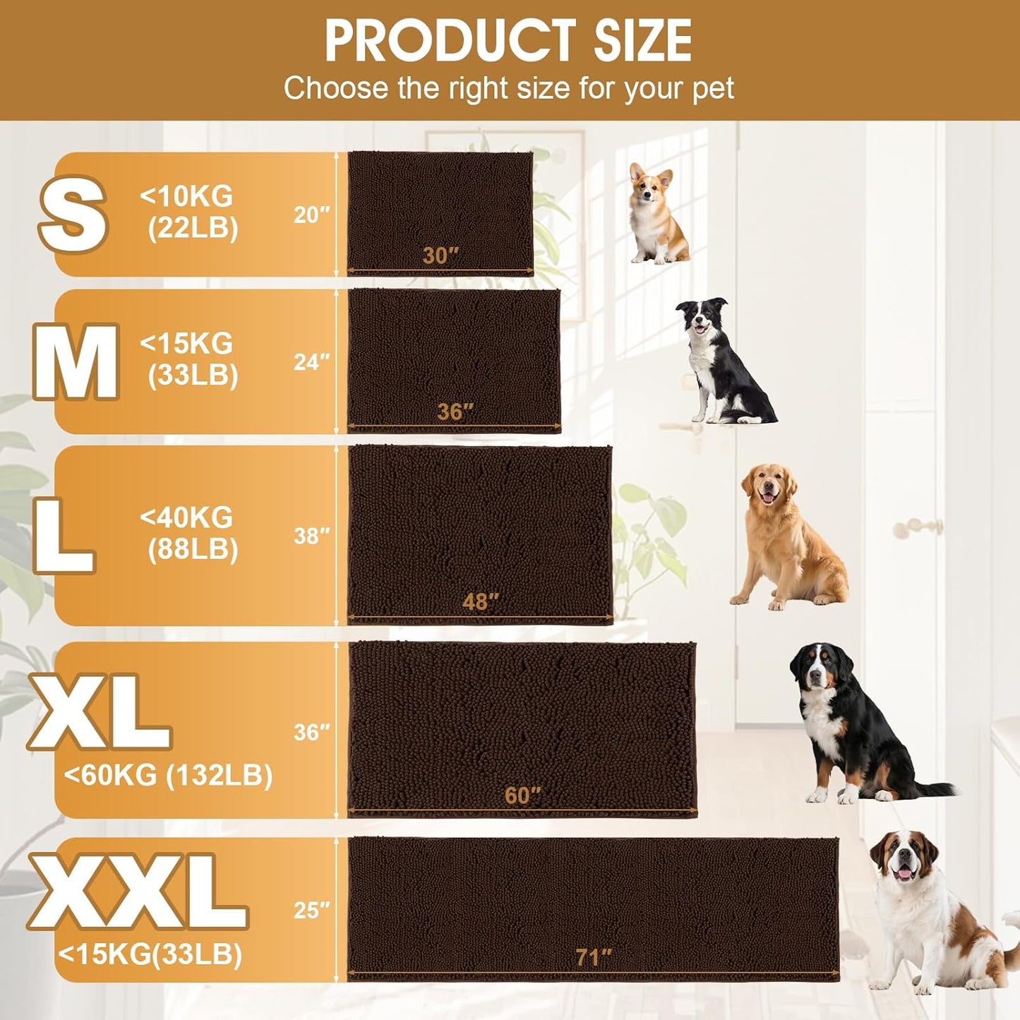 Extra Large Dog Door Mats for Muddy Paws, Chenille Absorbent Dog Mats, Non Slip Heavy Mud Mat for Dogs, Soft Pet Mat for Entryway, Mud Paws, Inside Floor,71" x 25", Brown