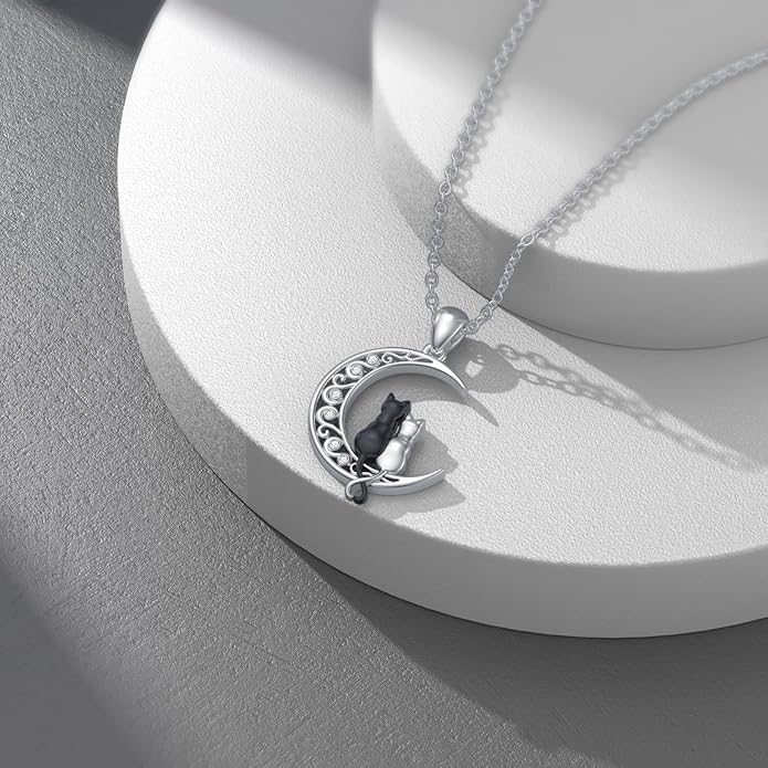 Diamond Black Cat Necklace for Women 925 Sterling Silver Cat on Moon Necklace Pendant Black Cat Jewelry Gifts for Women Mom Wife Girlfriend Daughter Girls
