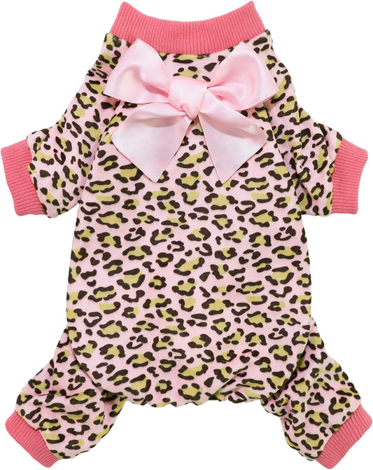 Fitwarm Leopard Dog Pajamas, Fleece Dog Clothes for Small Dogs Girl with Legs, Pet Onesie, Cat Outfit, Pink, XL