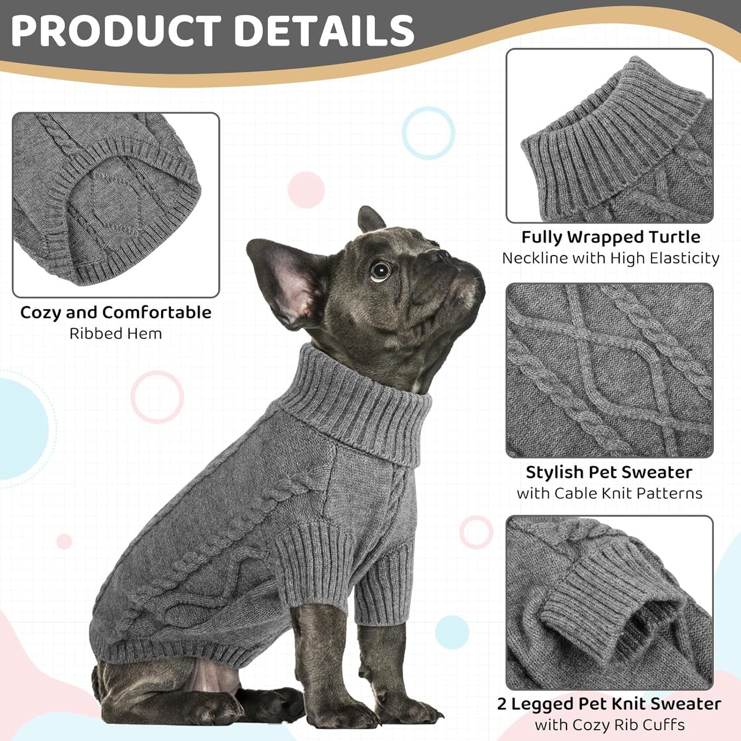 Queenmore Small Dog Pullover Sweater, Cold Weather Cable Knitwear, Classic Turtleneck Thick Warm Clothes for Chihuahua, Bulldog, Dachshund, Pug (Slate Grey, X-Large)